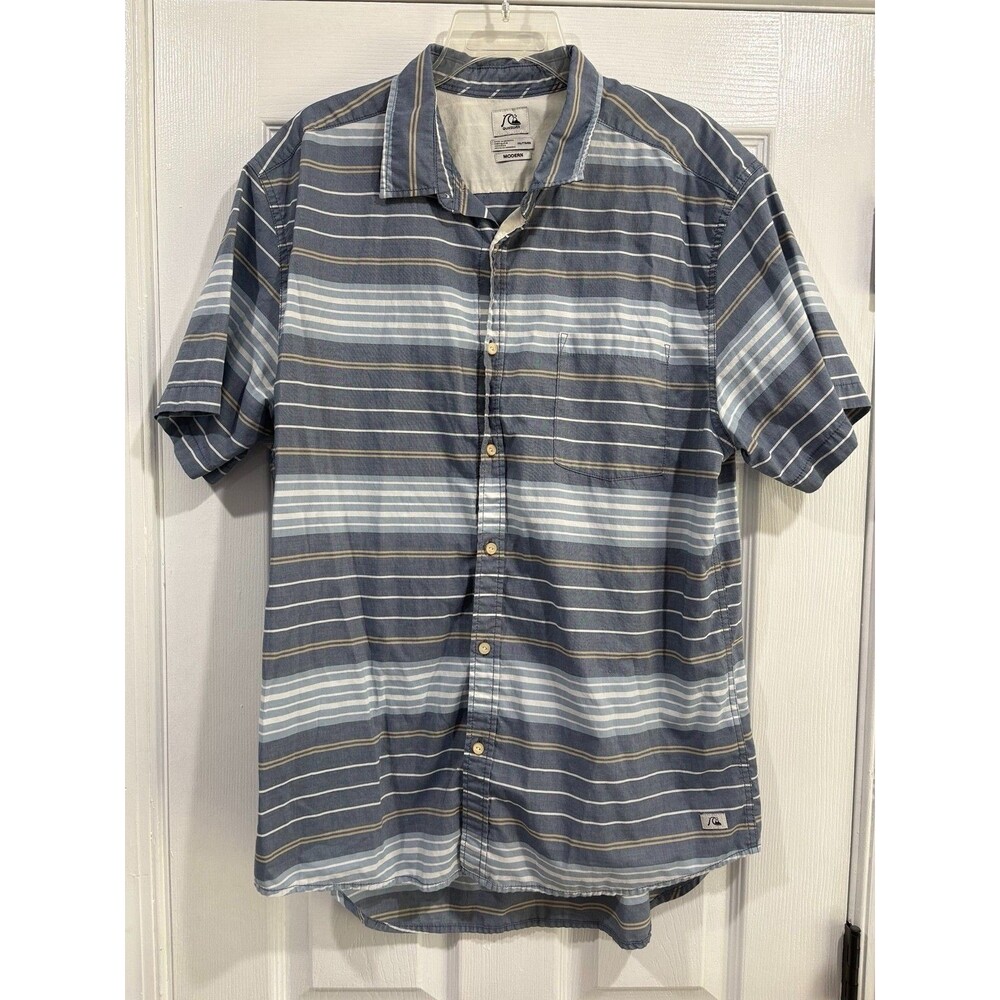 Quiksilver Mens XXL Modern Fit Striped Button Up Shirt Blue Gray Short Sleeve